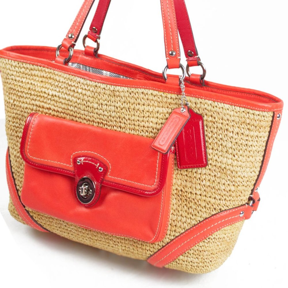 Coach Straw Natural & Tangerine Leather Shopper Pocket Tote Bag - Picture 6 of 15